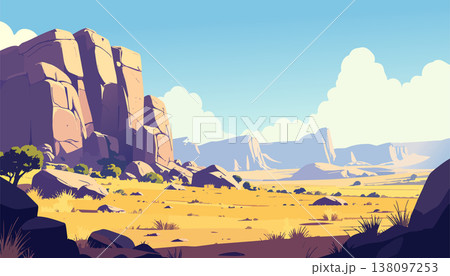 Dry wilderness landscape showing tall standing rock formations sparse vegetation and distant mountains 138097253