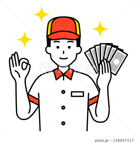 お札を持ってOKサインをするファストフード店の男性店員 138097317