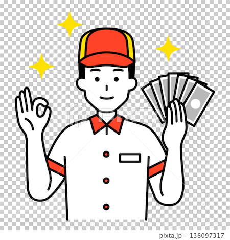 お札を持ってOKサインをするファストフード店の男性店員 138097317