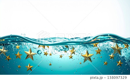水面に浮かぶ黄金の星と泡が輝くクリーンな白背景の水面下イメージ抽象バックグラウンドグラフィック素材 水面に浮かぶ黄金の星と泡が輝くクリーンな白背景の水面下イメージ抽象バックグラウンドグラフィック素材 138097329