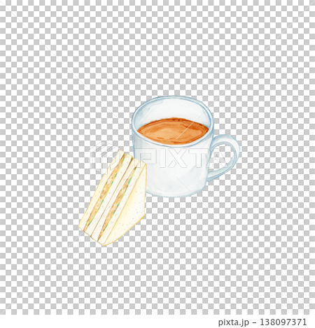 Hand-painted watercolor illustration of coffee and tuna sandwich. Cafe, light meal, lunch item. Hand-painted watercolor illustration of coffee and tuna sandwich. Cafe, light meal, lunch item. 138097371