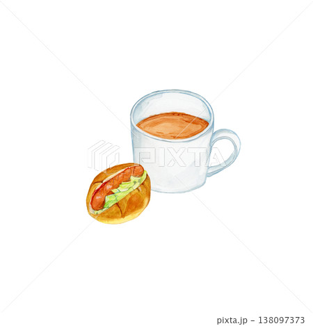 手描き水彩のコーヒーとウインナーロールサンドのイラスト ロールパン ホットドッグ 朝食 軽食素材 手描き水彩のコーヒーとウインナーロールサンドのイラスト ロールパン ホットドッグ 朝食 軽食素材 138097373