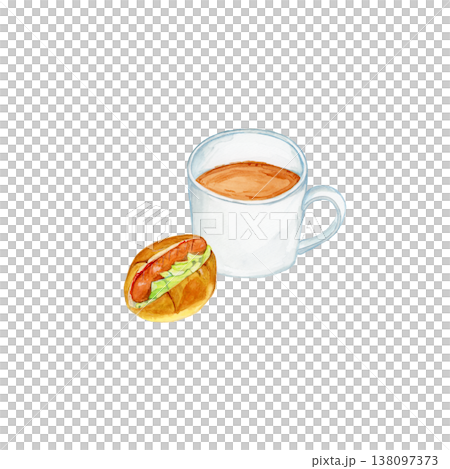 手描き水彩のコーヒーとウインナーロールサンドのイラスト ロールパン ホットドッグ 朝食 軽食素材 手描き水彩のコーヒーとウインナーロールサンドのイラスト ロールパン ホットドッグ 朝食 軽食素材 138097373