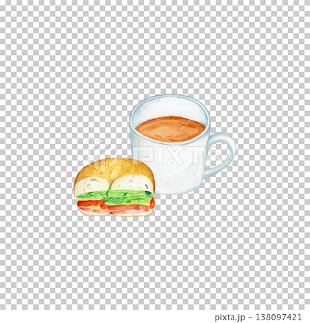 Hand-painted watercolor illustration of coffee and a BLT bagel sandwich. Cafe lunch stylish material. Hand-painted watercolor illustration of coffee and a BLT bagel sandwich. Cafe lunch stylish material. 138097421