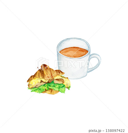 手描き水彩のコーヒーとクロワッサンサンドのイラスト 卵 チキン レタス カフェ ランチ素材 138097422