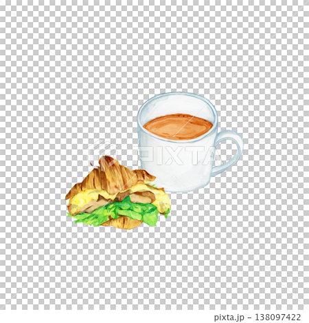 手描き水彩のコーヒーとクロワッサンサンドのイラスト 卵 チキン レタス カフェ ランチ素材 138097422