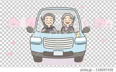 Vector illustration of a smiling elderly couple enjoying a drive under cherry blossoms. Vector illustration of a smiling elderly couple enjoying a drive under cherry blossoms. 138097430