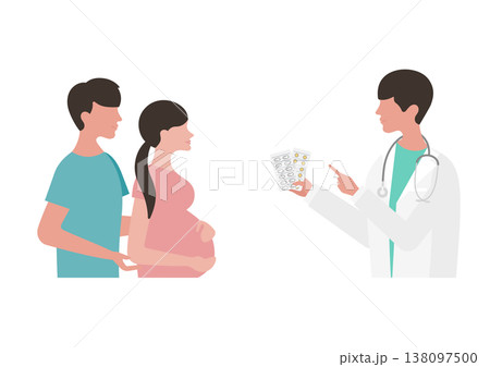 妊婦夫婦に薬の説明をする医師のベクターイラスト素材（左向き） 138097500