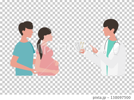 妊婦夫婦に薬の説明をする医師のベクターイラスト素材（左向き） 138097500