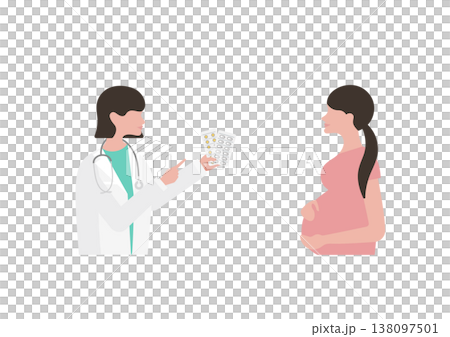 向量圖：一位女醫生正在向一位孕婦（面向右側）講解藥物。 138097501