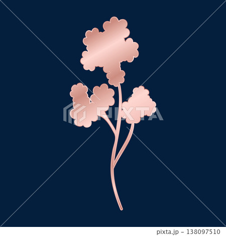 A single rose gold metallic floral element with a stem and multiple rounded clusters. It shines with a luxurious glow against a solid, deep navy blue background, perfect for elegant design. 138097510