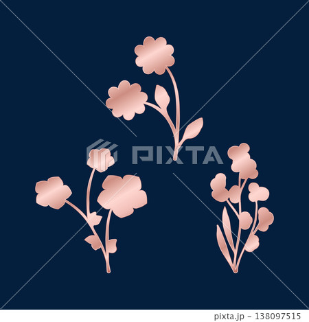 Three elegant rose golden floral elements are displayed against a dark navy blue background. Three elegant rose golden floral elements are displayed against a dark navy blue background. 138097515