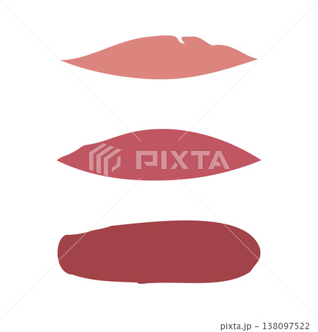 Three distinct lipstick swatches are neatly displayed on a bright white background. A trio of cosmetic colors, ranging from light pink to deep red, are presented for beauty product selection. 138097522
