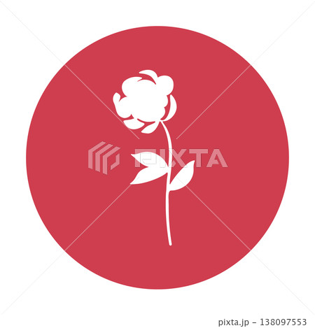 A white cutout flower with a delicate stem and leaves stands prominently inside a solid red circle. A white cutout flower with a delicate stem and leaves stands prominently inside a solid red circle. 138097553