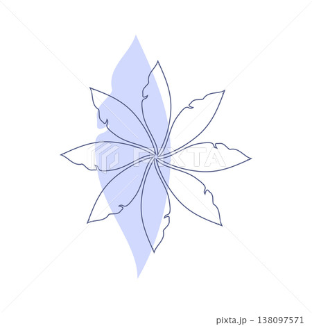 A minimalist abstract floral design presents a single flower with eight delicate blue-outlined petals. A soft periwinkle shape flows behind the central bloom, set against a clean white background. A minimalist abstract floral design presents a single flower with eight delicate blue-outlined petals. A soft periwinkle shape flows behind the central bloom, set against a clean white background. 138097571
