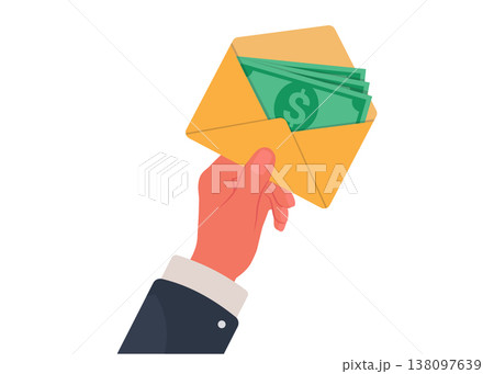Businessman Hand Holding Open Envelope With Green Cash Stock Illustration. Businessman Hand Holding Open Envelope With Green Cash Stock Illustration. 138097639