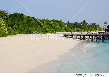 Classic Maldives island landscape on a sunny day, coastal luxury resort buildings, azure water, white sand, palm trees on the shore 138097770