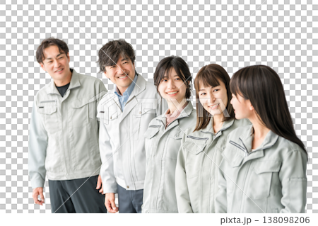 Male and female staff in the manufacturing, building, transportation, and construction industries wearing work clothes. 138098206