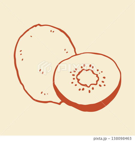 Hand drawn vector illustration of a whole kiwi and a sliced half showing seeds. Minimalist line art design is perfect for organic food packaging and healthy lifestyle graphics 138098463