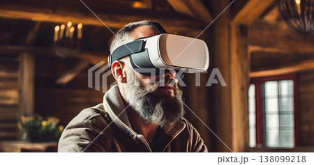 Man is using virtual reality headset at home, head and shoulders portrait, neural network generated photorealistic image 138099218