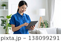 最新のタブレットで業務管理を行う清潔感のある日本人女性介護スタッフ 138099291