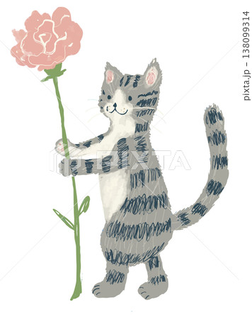 カーネーションの花を一輪持つ可愛い猫のイラスト カーネーションの花を一輪持つ可愛い猫のイラスト 138099314
