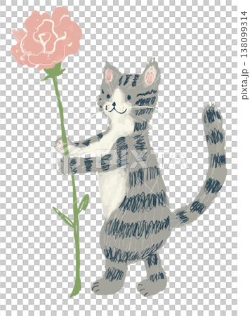 カーネーションの花を一輪持つ可愛い猫のイラスト カーネーションの花を一輪持つ可愛い猫のイラスト 138099314
