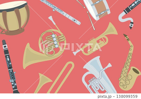 吹奏楽の楽器モチーフ背景（赤色・華やかデザイン） 138099359
