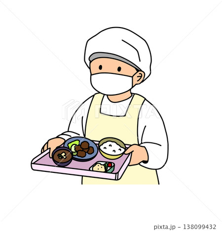 給食スタッフがトレーで配膳するイラスト（調理師・食事提供・施設給食） 138099432