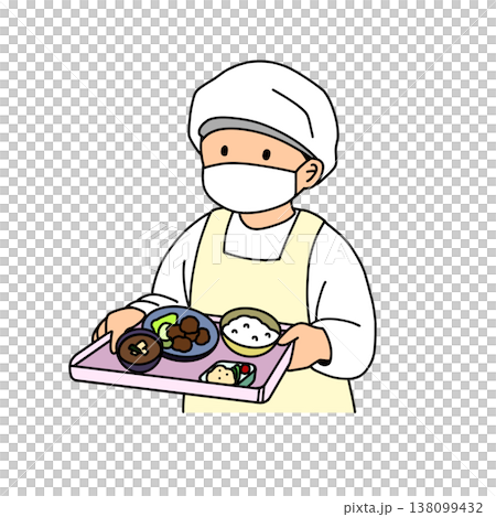 學校午餐工作人員用托盤分發食物的插圖(廚師、餐飲服務、機構餐飲服務) 學校午餐工作人員用托盤分發食物的插圖(廚師、餐飲服務、機構餐飲服務) 138099432
