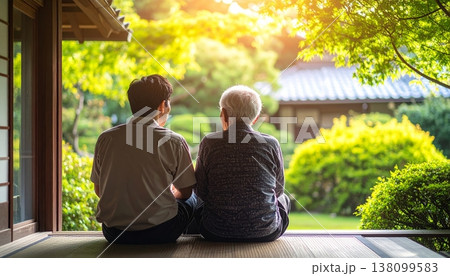 縁側で語らう高齢者と付き添いの人物 日本の庭を眺めてリラックス 138099583