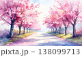 水彩画風、満開の桜並木の道路と青空の春の風景イラスト 138099713