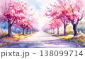 水彩画風、満開の桜並木の道路と青空の春の風景イラスト 138099714