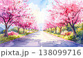 水彩画風、満開の桜並木の道路と青空の春の風景イラスト 138099716