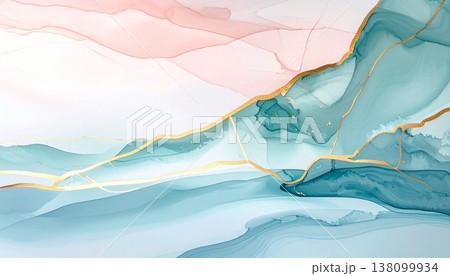 ソフトピンクとティールグリーンの重なりに金継ぎ風のゴールドが輝くアルコールインクアート背景 ソフトピンクとティールグリーンの重なりに金継ぎ風のゴールドが輝くアルコールインクアート背景 138099934