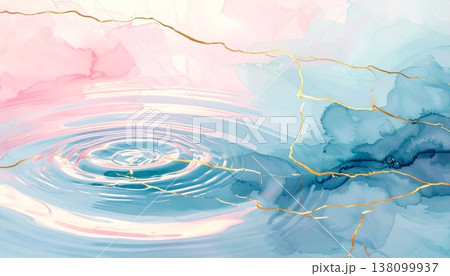 ピンクとブルーのアルコールインクアートに広がる水面の波紋と金継ぎの抽象背景 138099937
