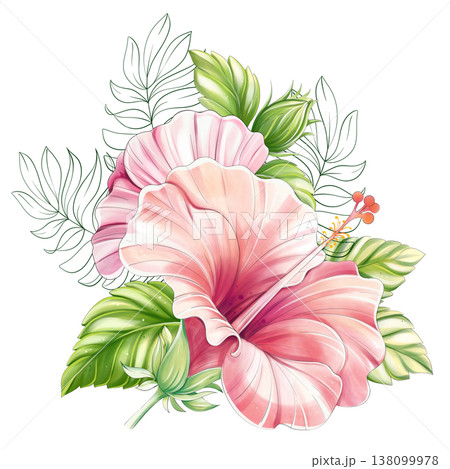 Tropical hibiscus floral arrangement with palm leaves watercolor clipart isolated Tropical hibiscus floral arrangement with palm leaves watercolor clipart isolated 138099978