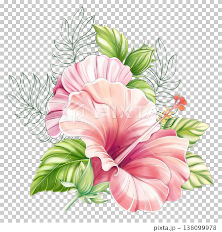 Tropical hibiscus floral arrangement with palm leaves watercolor clipart isolated Tropical hibiscus floral arrangement with palm leaves watercolor clipart isolated 138099978