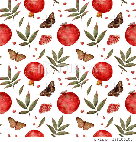 Botanical Watercolor With Insects And Fruit. Vintage Style Watercolor Featuring Pomegranates And Moths Botanical Watercolor With Insects And Fruit. Vintage Style Watercolor Featuring Pomegranates And Moths 138100106