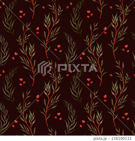 Elegant Botanical Pattern Featuring Watercolor Sprigs And Red Seeds Suitable For Textiles And Stationery 138100112