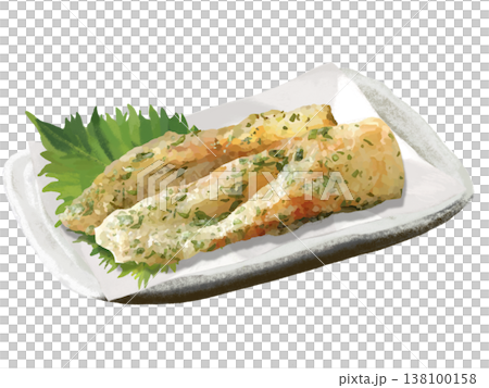 Deep-fried chikuwa (fish cake wrapped in seaweed) (served on a plate) 138100158