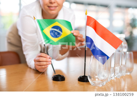 Unrecognizable girl set midget flags of Netherlands and Brazil before international negotiations Unrecognizable girl set midget flags of Netherlands and Brazil before international negotiations 138100259