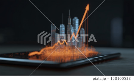 タブレット上の急速な上昇グラフを指差すビジネスマン 138100538