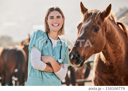 Happy horse doctor, portrait and woman at farm with arms crossed, care or smile for love, animal or nature. Vet, nurse and equine healthcare expert in sunshine, countryside and helping for wellness Happy horse doctor, portrait and woman at farm with arms crossed, care or smile for love, animal or nature. Vet, nurse and equine healthcare expert in sunshine, countryside and helping for wellness 138100779