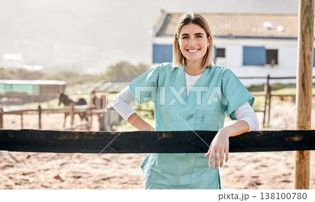 Horse vet, portrait and smile outdoor at farm for health, care or happy with love for animal in nature. Doctor, woman and equestrian healthcare expert in sunshine, countryside or helping for wellness 138100780