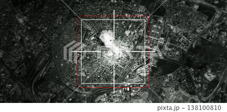 Satellite, launch and target of missile in city for war, international conflict and military. Army, warzone and bullseye of atomic, nuclear bomb and rocket in country for warfare, explosion or strike 138100810