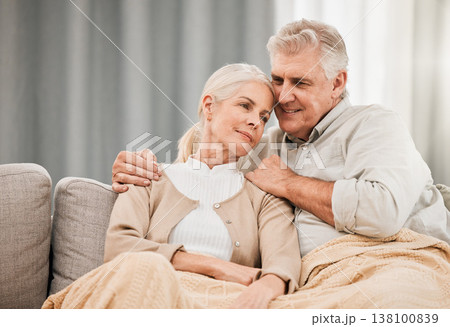 Old couple, hug and relax on couch with love and support, bonding while at home with trust and comfort. People with time together, marriage or life partner with retirement, calm and peace of mind Old couple, hug and relax on couch with love and support, bonding while at home with trust and comfort. People with time together, marriage or life partner with retirement, calm and peace of mind 138100839