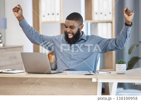 Business man, winner and laptop in success, celebration and stock market goals, sales or financial profit. Professional african trader with fist, wow and yes for email news or trading on his computer 138100958