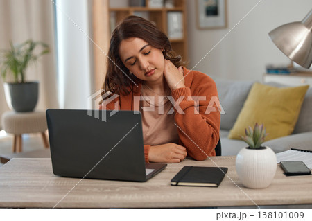 Woman, neck pain and student with laptop, muscle tension or burnout with tech glitch, fatigue and anxiety about exam. Spine, health fail and mistake, college website error or 404 with stress at home 138101009