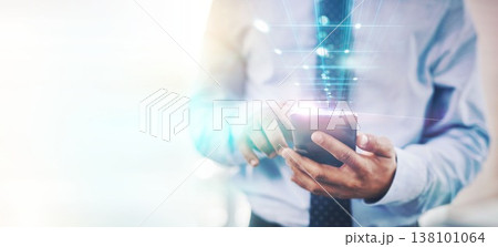 Overlay, phone and hands of business worker online for analytics, social media and internet hologram. Mockup banner, corporate and person typing on smartphone for research, website or email in office 138101064